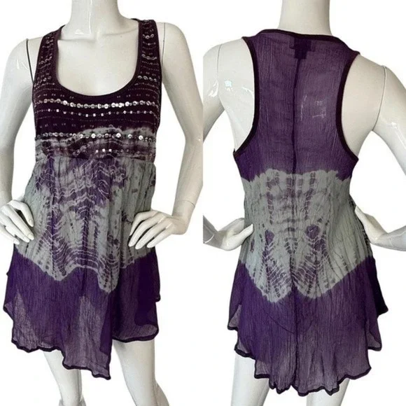 Boho Purple Beaded Sequin Flowy Tie Dye Top XL - Picture 3 of 9
